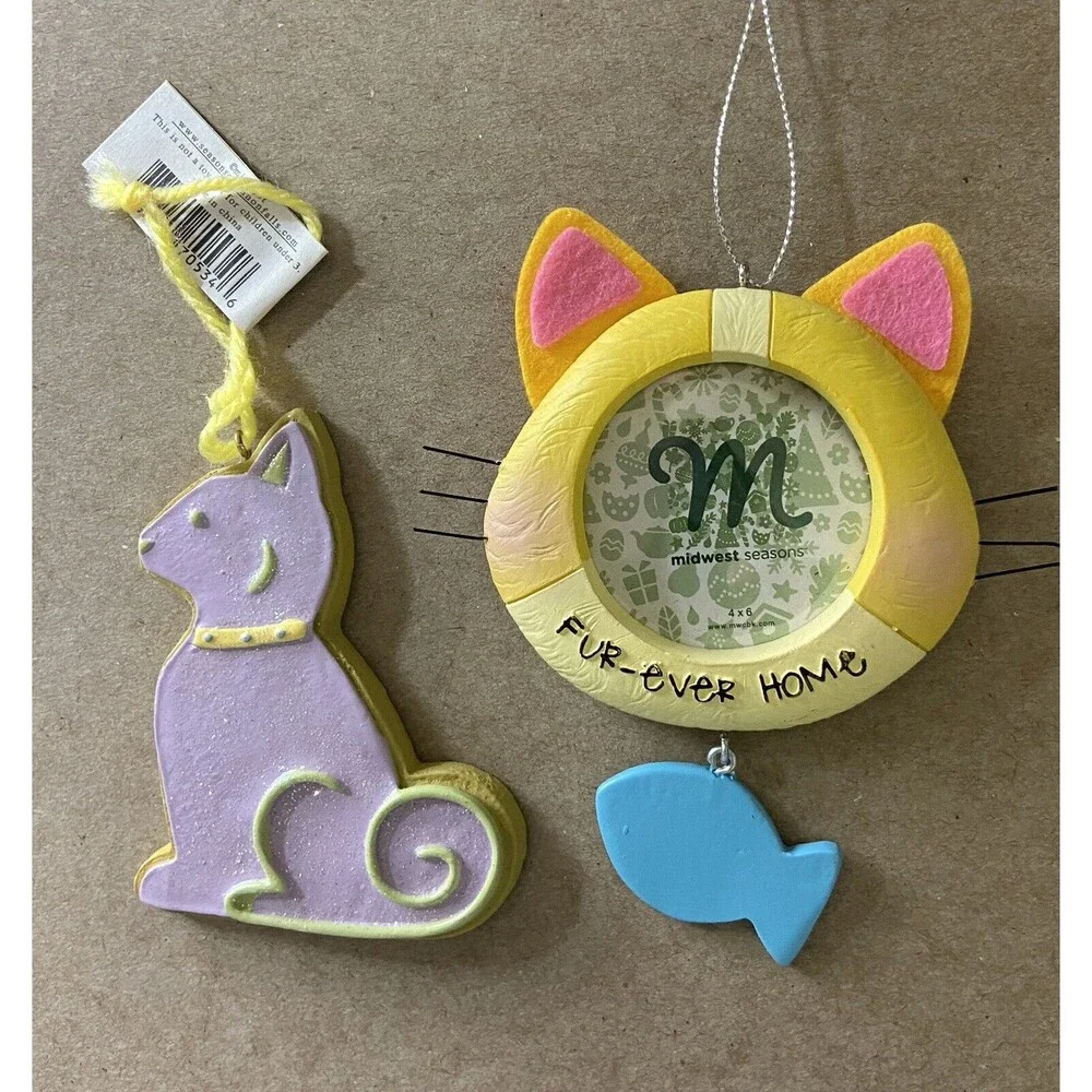 Cat Cookie and Photo Frame Christmas Ornament set NWT